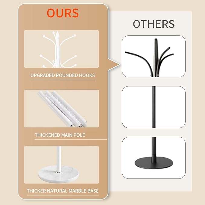 Metal Coat Rack Stand, Modern Freestanding Coat Rack with Natural Marble Base, White Coat Racks and Coat Hall Tree Hanger Stand with 12 Hooks for Entryway, Hallway, Office