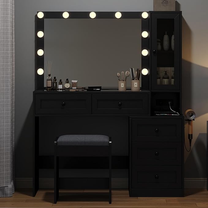 43" W Vanity Desk with Mirror & 11 Lights, 5 Drawer Modern Makeup Desk with Glass top & Cushioned Stool, 3 Lighting Modes Brightness Adjustable,Power Outlet,Bedroom，Black
