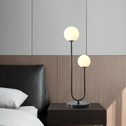 Black U-Shape 2-Light Table Light Mid Century Black Globe Table Lamp with Milk White Glass Shade Metal Base Nightstand Lamp for Bedroom Bedside,G9 Bulb