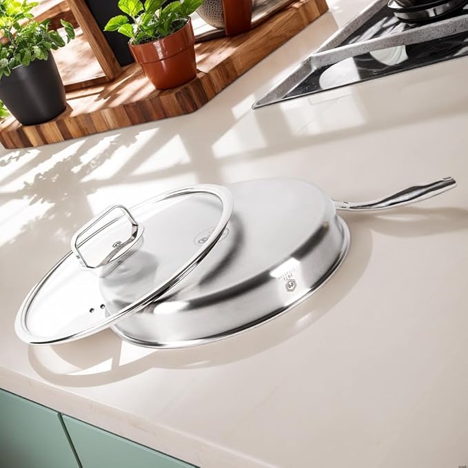 12 Inch Titanium Pan with Glass Lid - 0.5mm Pure Titanium + 1.4mm Aluminum Core | Coating-Free & PFOA-Free | Induction/Gas/Oven Safe to 500°F | Energy-Efficient Even Heating