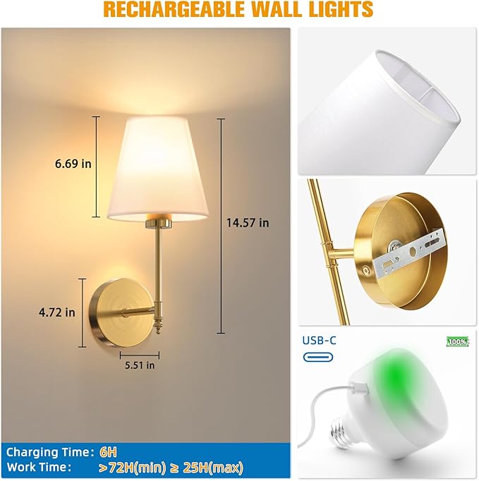 NIORSUN 14.5 inch Battery Operated Wall Sconce Set of 2,Gold Rechargeable Wall Lights with 5200mAh Dimmable Detachable Bulbs and Remote,9 Colors Wireless Sconces for Bedroom Living Room Hallway Decor