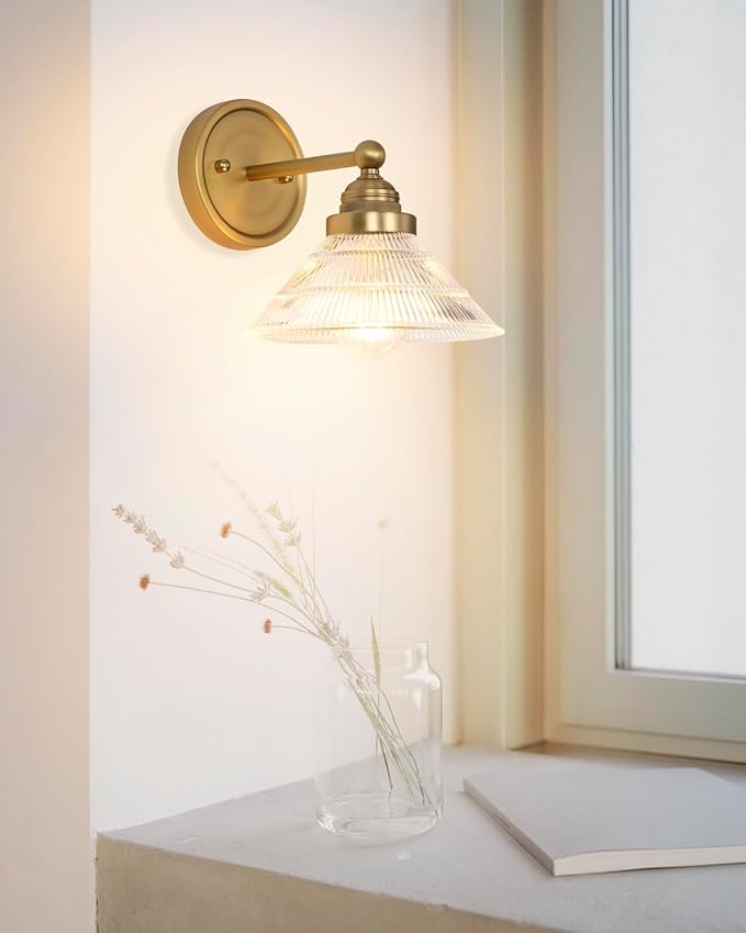 Vintage 1-Light Wall Sconce with Clear Ribbed Glass Shade, Industrial Hardwired Wall Light Fixture for Bedside Living Room Vanity Bathroom Hallway
