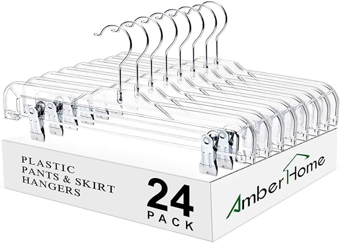Amber Home 24 Pack Clear Plastic Jeans Pants Skirt Hangers, Bottom Hangers with Adjustable Clips & 360 Swivel Hook, Crystal Clear Plastic Clothes Hangers for Jeans, Pants, Skirts, Short