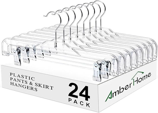 Amber Home 24 Pack Clear Plastic Jeans Pants Skirt Hangers, Bottom Hangers with Adjustable Clips & 360 Swivel Hook, Crystal Clear Plastic Clothes Hangers for Jeans, Pants, Skirts, Short