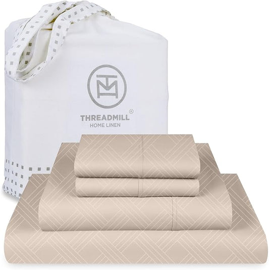 Threadmill Queen Sheet Set for Queen Mattresses | 800 Thread Count Jacquard Celine Light Beige | Better Than Egyptian Cotton | 4 Pc Bed Sheets | Elasticized Deep Pocket | 100% Cotton Queen Sheets