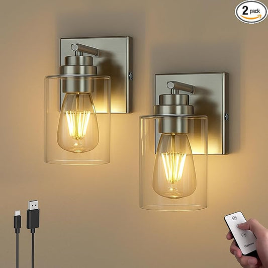 Battery Operated Wall Light with Remote Control, Dimmable Wall Sconce Set of 2 No Wiring, Rechargeable Wireless Wall Lamp for Living Room Bedside Hallway Lounge Mirror, Nickel