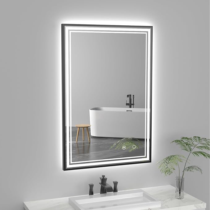 24" x 36" LED Bathroom Mirror with Lights Framed LED Mirror for Bathroom Backlit and Front Lighted Bathroom Mirror Black Square Aluminum Frame Anti-Fog Dimmable Adjustable Shatter-Proof