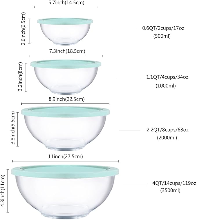 Glass Mixing Bowls with Lids Set, 8 Pieces Glass Salad Bowl Set with Lids(0.6QT,1.1QT,2.2QT,4QT) High Brosilicate Microwave Bowls for Kitchen Baking, Great Gift