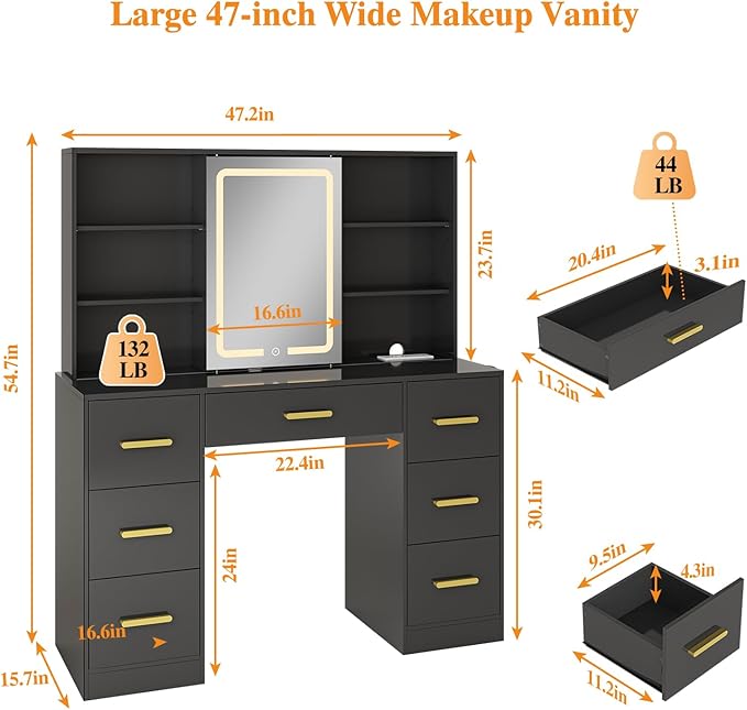 47'' W Large Vanity Desk with Mirror and Lights, 8 Storage Shelves 7 Drawers Vanity Table, Big Makeup Vanity Desk with 3 Lighting Modes, Vanity Dresser with Charging Station, Sliding Mirror (Black)