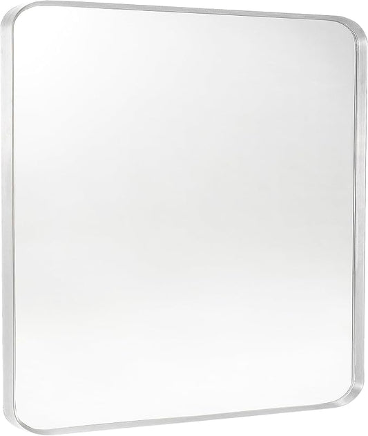 Silver Metal Framed Bathroom Mirror for Wall, Brushed Nickel Rounded Corner Rectangular Bathroom Vanity Mirror, Anti-Rust, Tempered Glass (30" x 36", Silver)