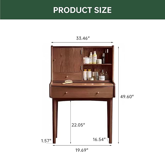 Small Vanity Desk with Mirror, Solid Wood Dressing Table, Movable Drawer Divider, Extendable Table Board for Bedroom, Walnut Color, 33" D x 16.5" W x 50" H