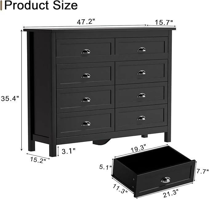 8 Drawer Dresser, Farmhouse Tall Dresser for Bedroom, Antique Black Chest of Drawers, Modern Double Dressers for Bedroom, Closet