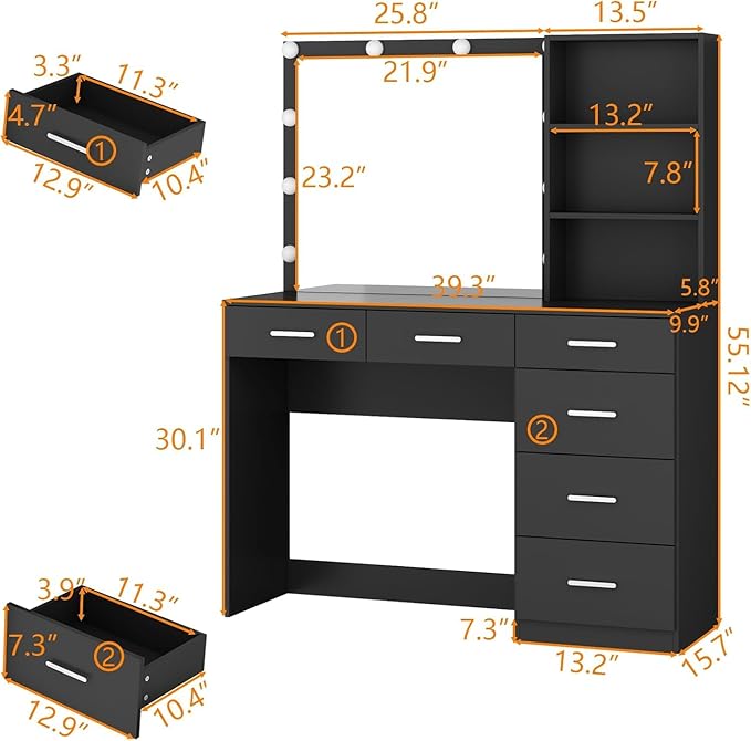 Loomie Vanity Desk with Lighted Mirror & Power Outlet, Makeup Vanity Table with 6 Drawers, 3-Tier Shelf, Vanity Dresser with 10 Lights in 3 Lighting Colors for Bathroom, Bedroom,Makeup Room, Black