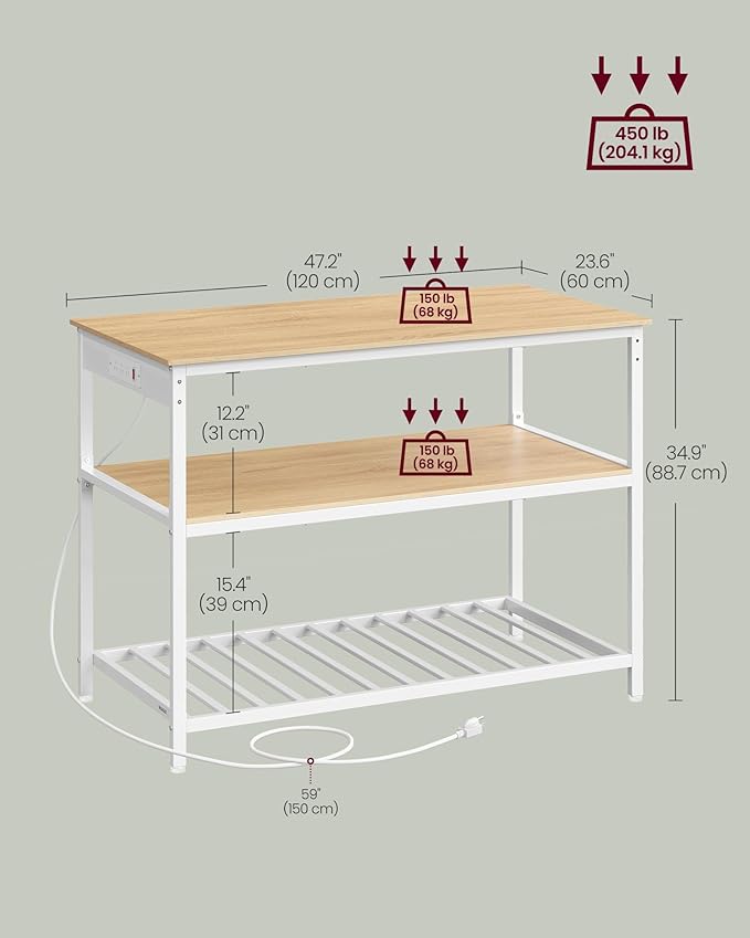 VASAGLE Kitchen Island with 3 Shelves, 47.2 Inches Width Kitchen Shelf with Power Strip, Large Worktop, Stable Steel Structure, Industrial, Easy to Assemble, Golden Oak and White UKKI101Y01