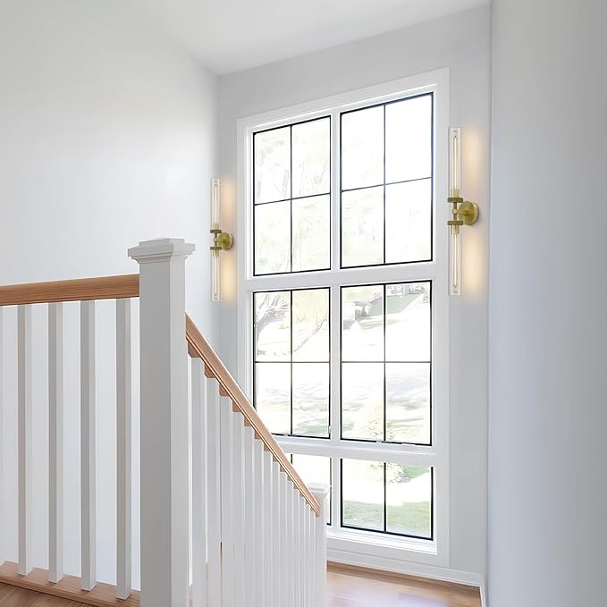 Brass Gold 2-Light Knurled Wall Sconces, 30in Double Glass Sconces Wall Lighting, Bathroom Vanity Light Sconces, Wall Lights for Living Room Bedroom Hallway Kitchen Bathroom Mirror