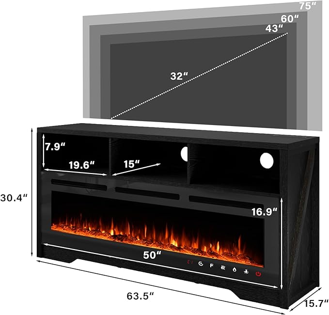 CharaVector 63" TV Stand for 60" Electric Fireplace, Entertainment Center with Power Outlets for 65+ inch TV，Black TV Cabinet with 3 Open Storage Cabinets, TV Console for Living Room (ONLY TV Stand)