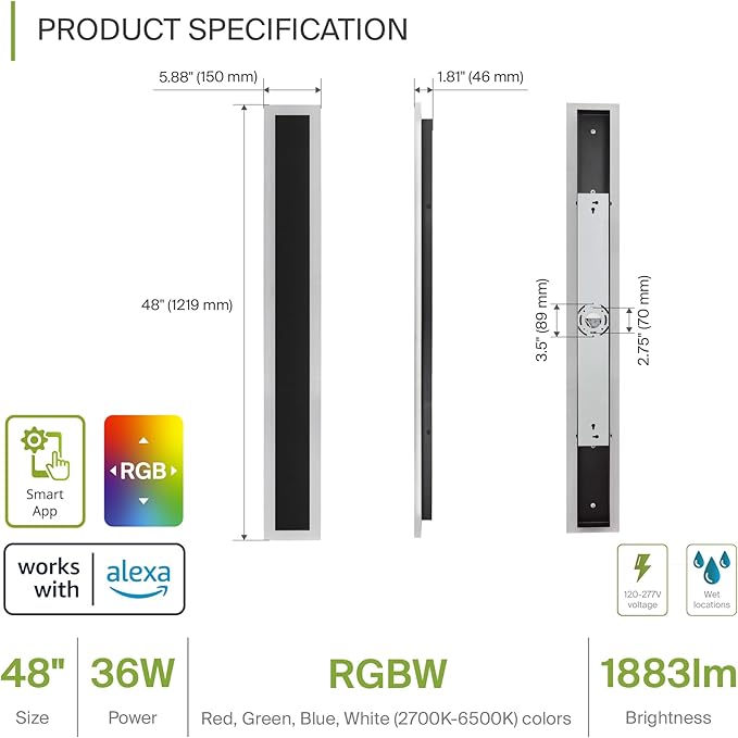 ASD LED 48" Long Wall Mount Light Fixture, Outdoor & Indoor Linear Sconce | RGBW, Smart, Waterproof, Anti-Rust, ETL Listed | 36W 1800LM 2700-6500K 100-277V | Exterior Porch Lighting | Black