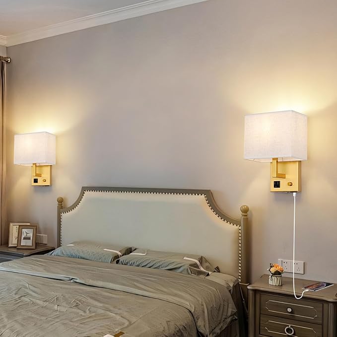Plug in Wall Sconce, Bedside Wall lamp with Plug and dimmable Switch, with USB Charging Port and Socket, Suitable for Hotel, Corridor, Living Room and Bedroom Wall Light (Golden)
