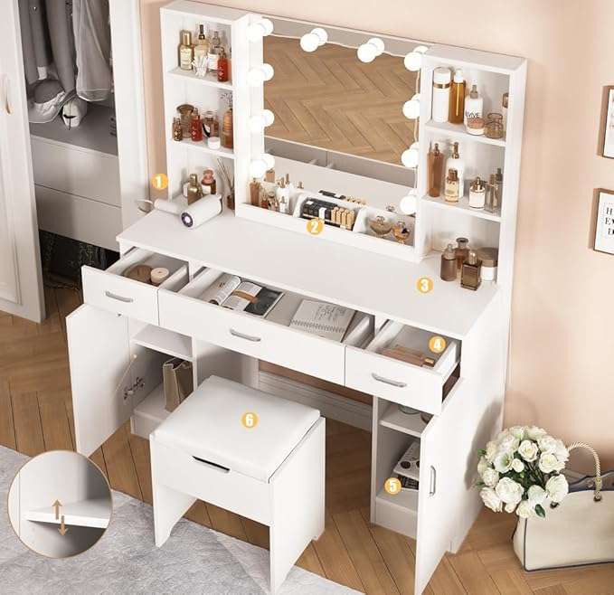 Vabches Makeup Vanity Desk with Lights, 3 Lighting Colors, White Vanity Set Makeup Table, Large Vanity with 3 Drawers, 2 Cabinets and Multiple Shelves, 45.2in