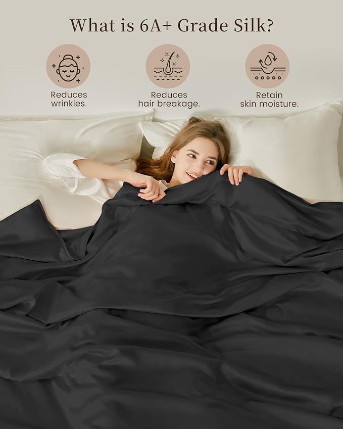 THXSILK Silk Blanket, 100% Mulberry Silk Cooling Throw, Soft and Lightweight Blanket for Bedroom, Sofa, Travel, All-Season (Black, Queen)