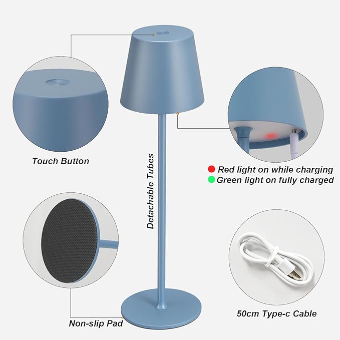 Kakanuo Cordless Table Lamp Rechargeable Blue - KK 2 Pack 5000mAH Battery Operated Lamp for Dining Table, 3 Color Stepless Dimming Wireless Lamp for Counter, Outdoor Patio, Touch Control