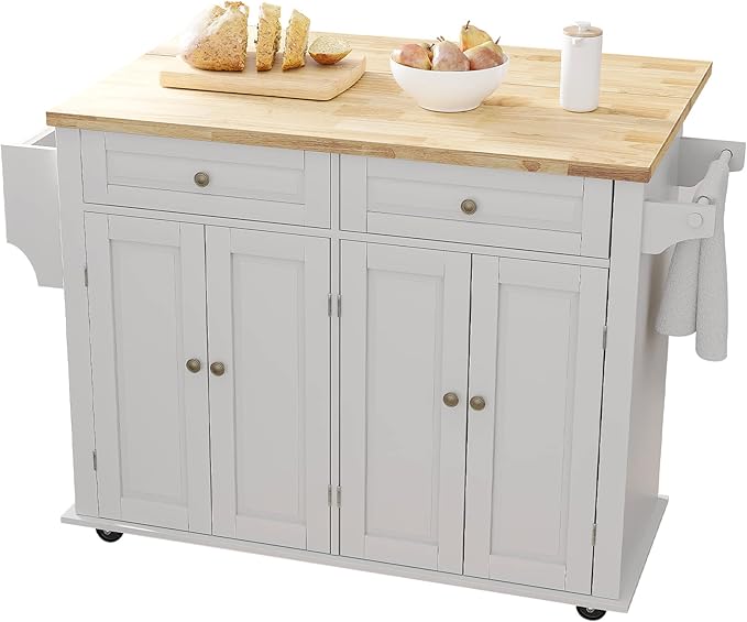 Rolling Kitchen Island with Drop Leaf – Movable Kitchen Carts on Wheels Island with Storage Cabinet, Island Table for Kitchen with Rubber Wood Top and Rack and Drawers, Matte, White
