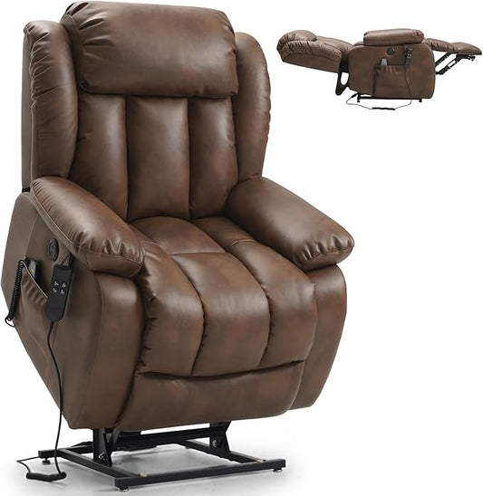 PARKOL Large Breathing Leather Infinite Position Power Lay Flat Lift Recliner Chairs for Elderly, Dual Motor with Massage and Heating,Extended Footrest,USB & Type-C Port and Remote Ochre