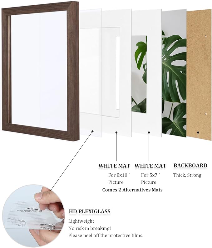 Egofine 11x14 Picture Frame Made of Solid Wood with Plexiglass, Display Pictures 5x7/8x10 with Mat or 11x14 Without Mat for Tabletop and Wall Mounting, Rustic Brown