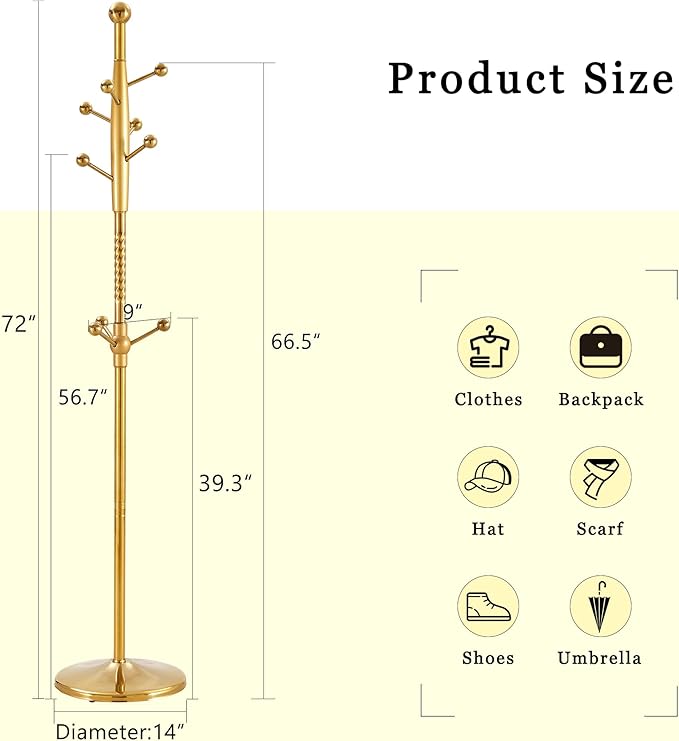 Solid Wood Coat Rack Freestanding, 77" Adjustable Hall Tree Hanger With Hooks, Coat Hanger Stand for Hanging Clothes Bags Hats in Living Room Bedroom