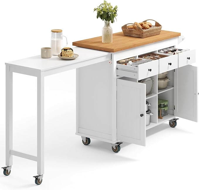 Ahomly Kitchen Island with Extendable Table for 2, 79.06" Extendable Kitchen Island Cart on Wheels with Storage Cabinet & 2 Open Shelves, Island Table for Kitchen with 3 Drawers, White