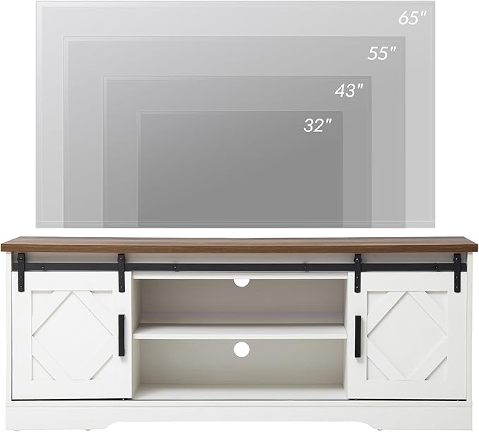 WAMPAT Farmhouse Sliding Barn Door TV Stand for TVs Up to 65 inch, Modern Storage Entertainment Center, Wood Media Console Table Cabinet 3-Level Adjustable Shelf for Living Room, White/Oak
