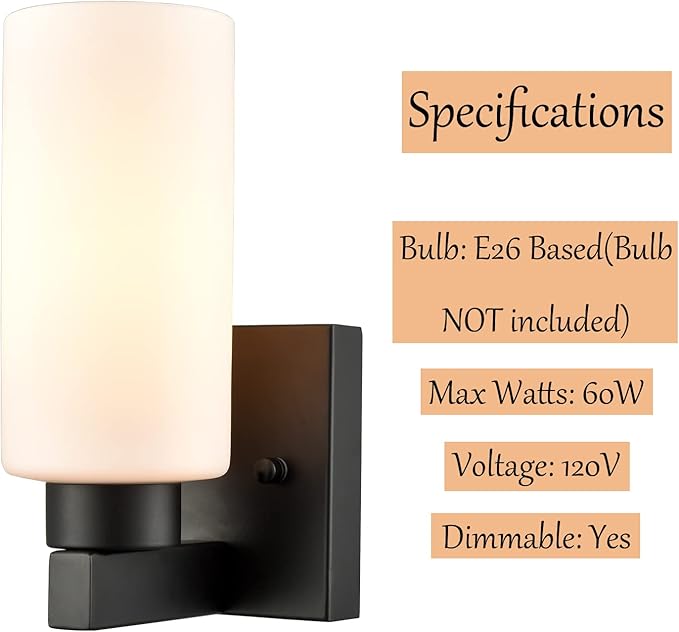 Bathroom Sconces Modern Black Wall Light Fixture Vanity Light Set of Two with Milky White Cylinder Glass Shade