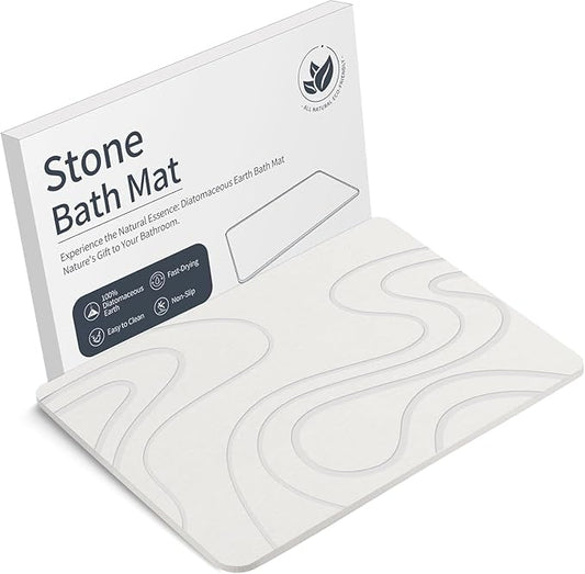 Stone Bath Mat Diatomaceous Earth Shower Mat Non-Slip Super Absorbent Diatomite Stone Mats for Bathroom Floor/Kitchen Counter Quick Drying Natural Easy to Clean(23.6''×15.4" White)