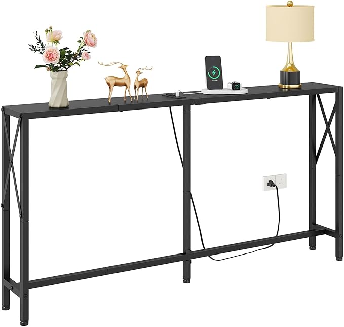 55.1" Narrow Sofa Table, Console Table with Oulets & USB Ports, Entryway Table, Industrial Couch Table for Hallway, Living Room, Bedroom, 6.5 Feet Power Cord,Black