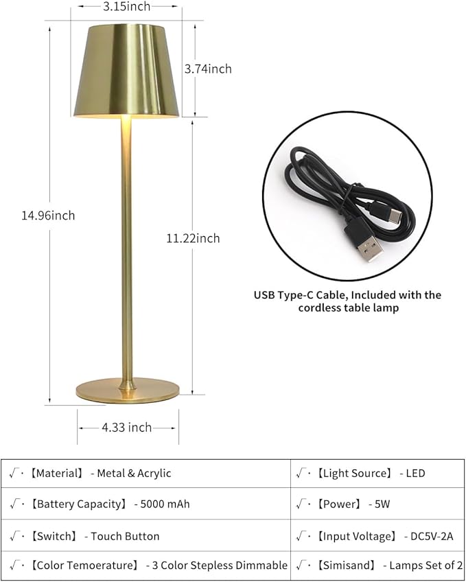 2 Pack Cordless Table Lamps,Portable LED Desk Lamp, 5000mAh Battery Operated Lamp, 3 Color Stepless Dimming Up, for Restaurant/Bedroom/Outdoor Party/Camping/Coffee Shop Night Light(Gold)