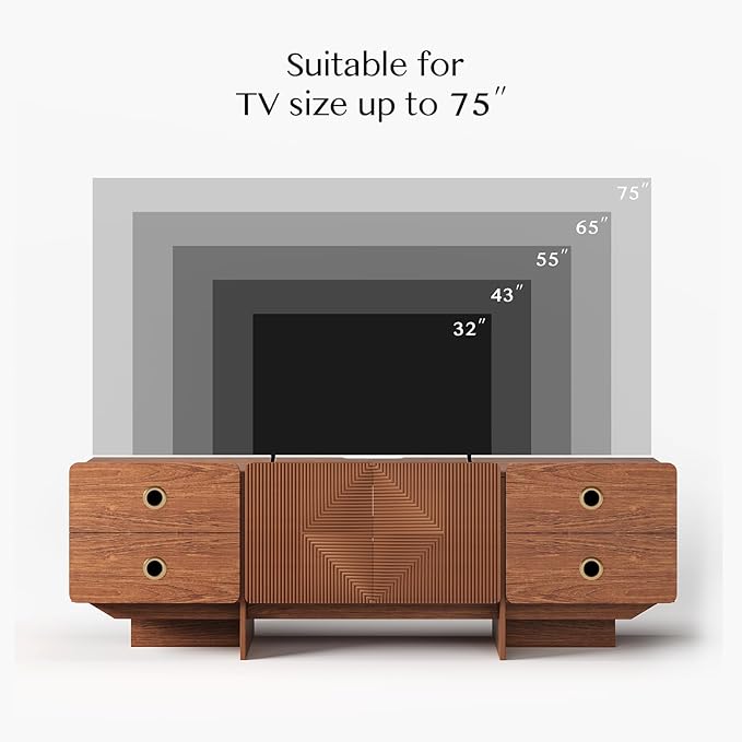 66" Fluted TV Stands for Living Room, Mid Century Modern TV Consoles for 75 inch TV, Entertainment Center with Storage, Media Console with Adjustment Shelf(Cherry)