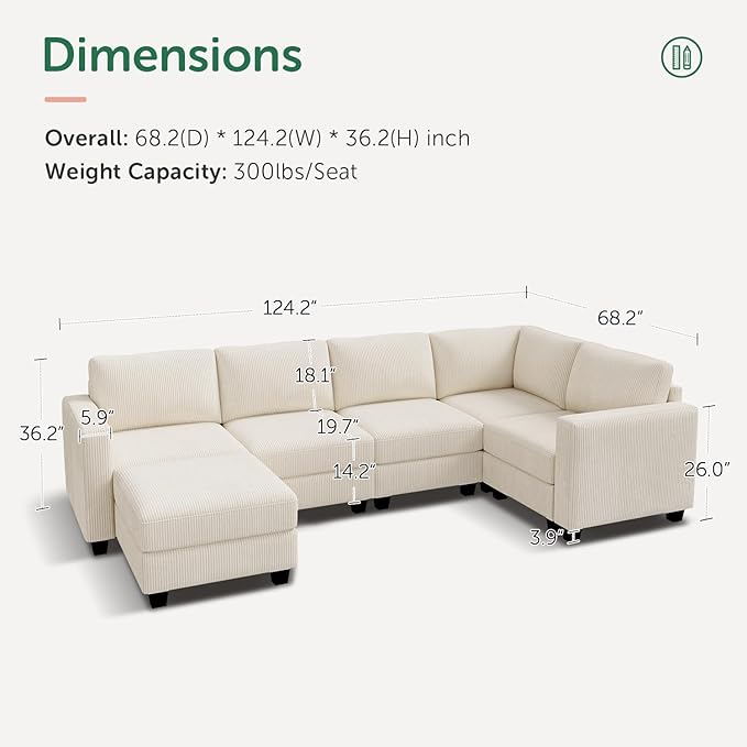 HONBAY U-Shaped Corduroy Sectional Couch with 6 Seaters Modular Sectional Sofa with Storage Ottoman Sectional Couches for Living Room, Beige