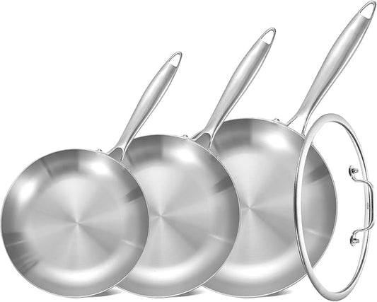 Inqibee 8.5-10-12 Inch Tri-Ply Stainless Steel Frying Pan Set with a Lid,Skillets,Induction Cooking Pans,Pots and Pans Set,Dishwasher and Oven Safe,Detachable Handle.