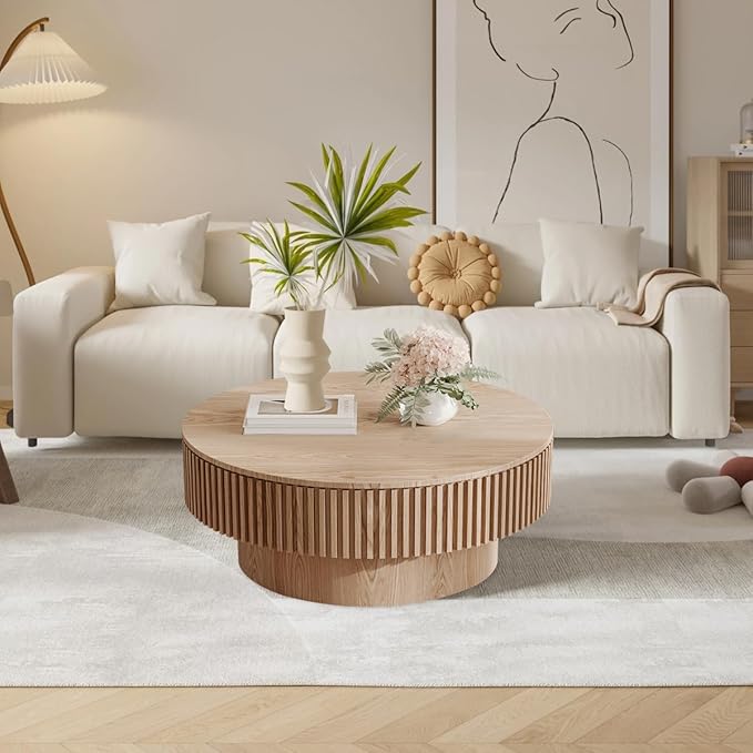 Round Coffee Table for Living Room, Accent Fluted Drum Coffee Table with Storage, Modern Solid Wood Veneered Circle Center Tea Table for Small Space Apartment (31.5''D×14''H-Natural)