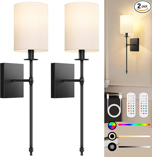24.8 Inch Black Battery Operated Wall Sconces Set of 2, Rechargeable Wireless Wall Lights with Remote & White Fabric Shade, Indoor Not Hardwired Dimmable Wall Lamps for Bedroom, 2 Bulbs Included