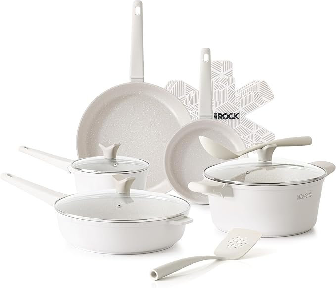 THE ROCK SOHO 15Pcs Ceramic Cookware Set – Non toxic Pots and Pans Set Non Stick with ROCK.TEC – Nothing Sticks, Never Warps, Lasts Longer, PTFE PFOA & PFAS Free, Induction & Dishwasher Safe, Cream
