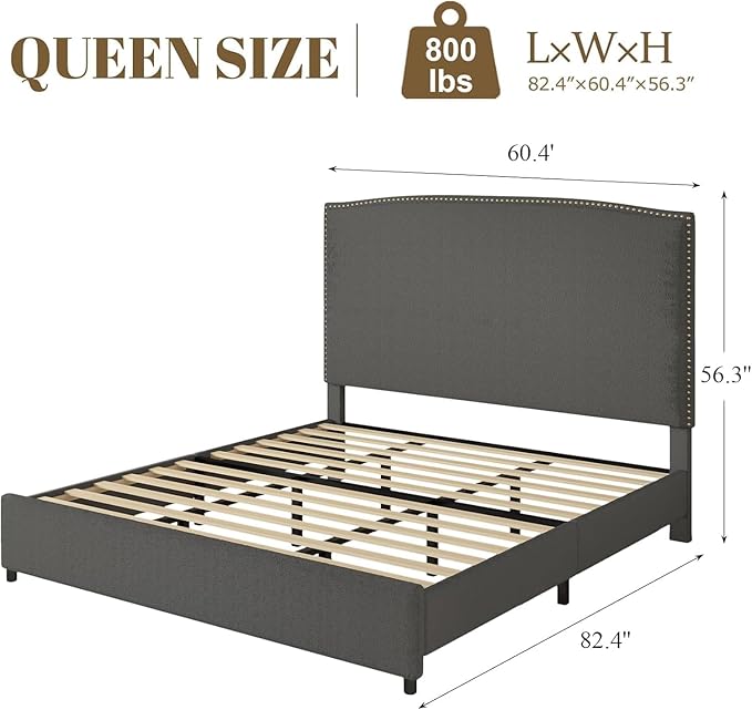 Queen Bed Frame, Queen Bed Frame with Upholstered Headboard, 56" Platform Bed with Nailhead Trim, Soft Boucle Fabric, No Box Spring Needed, Easy Assembly, Grey