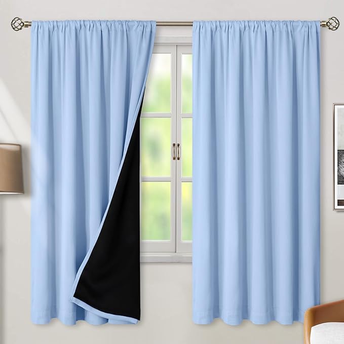 BGment Full Blackout Curtains with Liner Thermal Curtains 72 Inches Long, Rod Pocket and Back Tab Double Layer Room Darkening Window Curtains for Bedroom(52 x 72 Inch, 2 Panels, Light Blue)