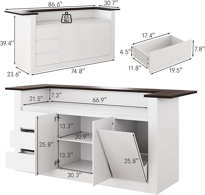 86.6" Large Kitchen Island with Trash Can Storage, Stationary Storage Island with 3 Drawers and 2 Shelves, Wood Island Table with Large Countertop for Kitchen, Dining Room,White