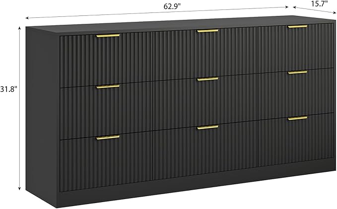 9 Drawer Dresser for Bedroom with Deep Drawers, 63" Wide Wood Dresser, Large Floor Chest of Drawers, Modern Long TV Stand, Storage Cabinet Side Table, Black