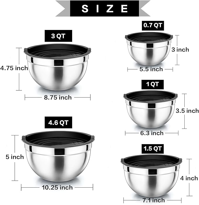 P&P CHEF Mixing Bowl with Airtight Lid Set of 5, 10-Piece Stainless Steel Nesting Salad Bowl Set for Prepping, Mixing and Serving, Size 4.6, 3, 1.5, 1, 0.7 QT, Rimmed Edges & Flat Base, Black