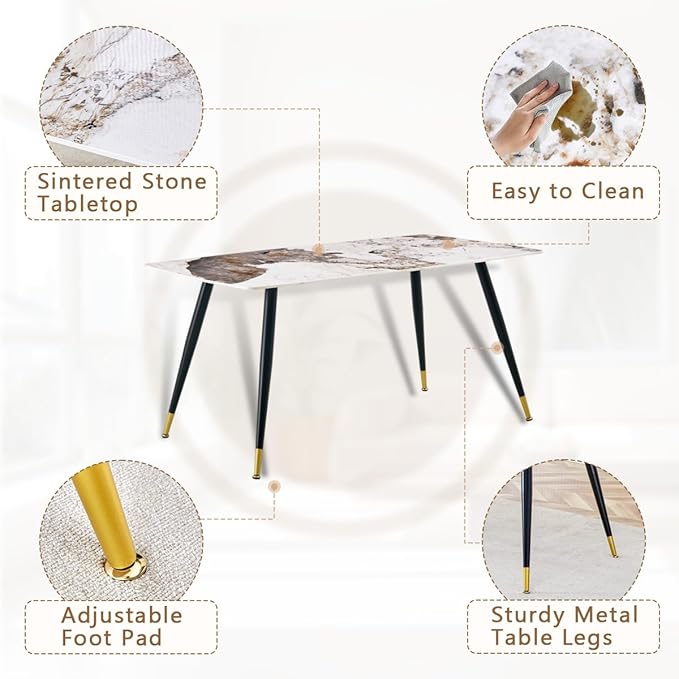 Dinner Table Set for 6, Sintered Stone Kitchen Table Top and Modern Chairs Set of 6 for Kitchen Dining Room