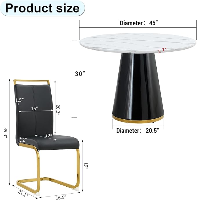 45 Inch Round Dining Table Set for 4, 5 Piece Kitchen Table and Chairs Set, White Faux Marble Table Top, Small Space Dining Set for Apartment or Dining Room