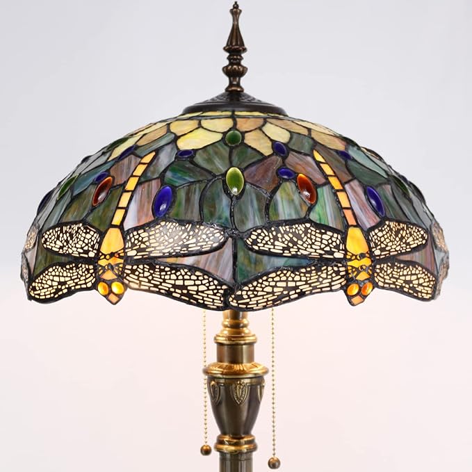 Tiffany Floor Lamp Stained Glass Lamp Standing Reading Light 16x16x70 Inch for Living Room (Amber Yellow Dragonfly)