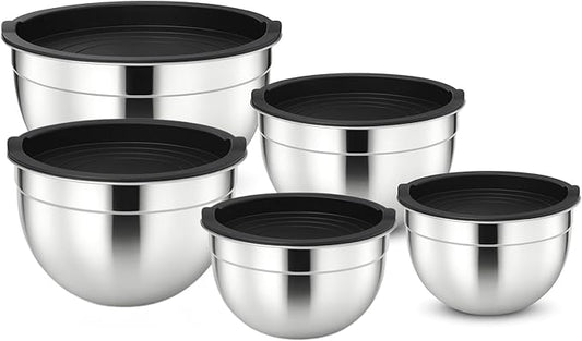Set of 5 Stainless Steel Mixing Bowls with Plastic Lids – Nesting Design for Space-Saving Storage, Ideal for Cooking, Baking, and Food Storage